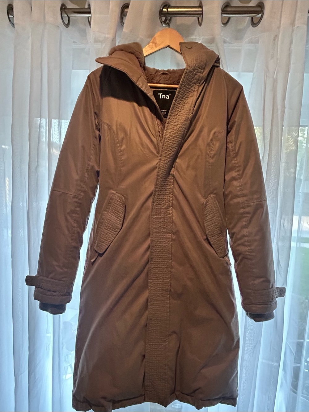 TNA Women's Long Hooded Puffer Coat in Brown